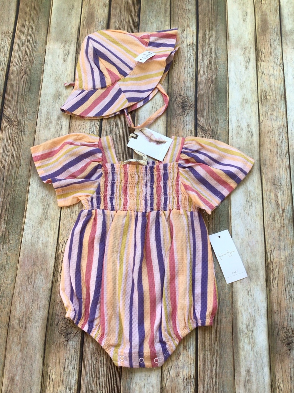 NWT Jessica Simpson Rainbow Stripped Romper and Sun Hat